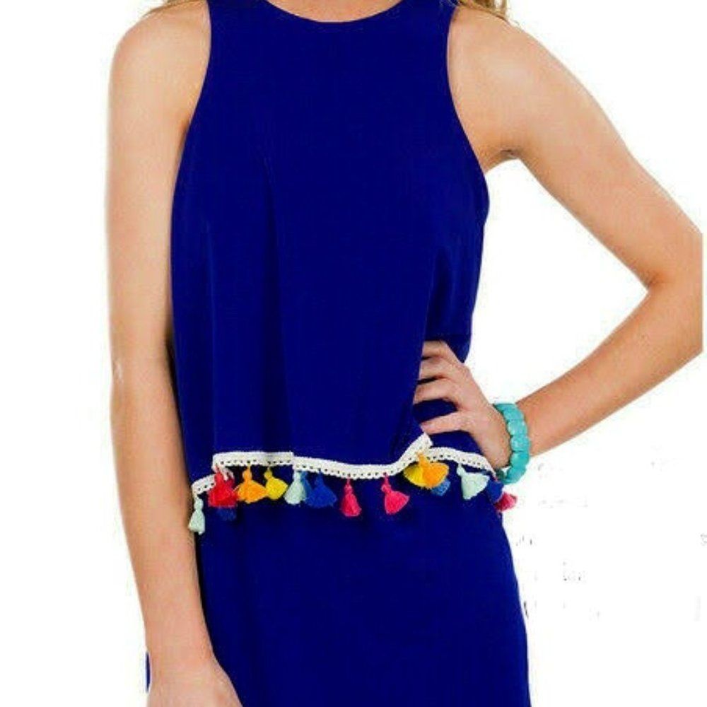 Blue Shift Dress with Multicolor Tassels